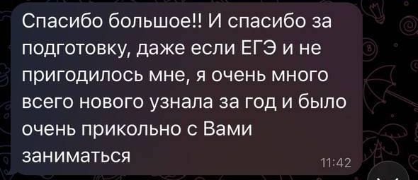 Скриншот переписки с благодарностью от ученицы